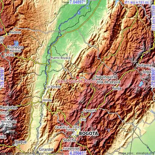 Topographic map of San Pablo de Borbur