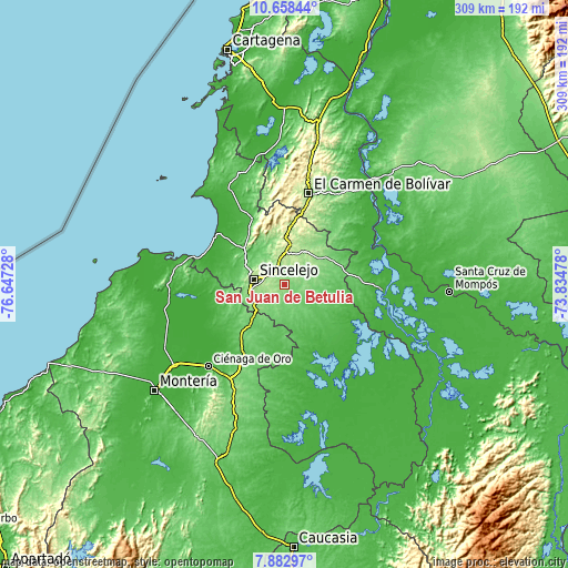 Topographic map of San Juan de Betulia