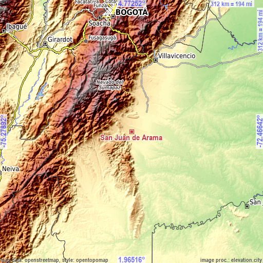 Topographic map of San Juan de Arama