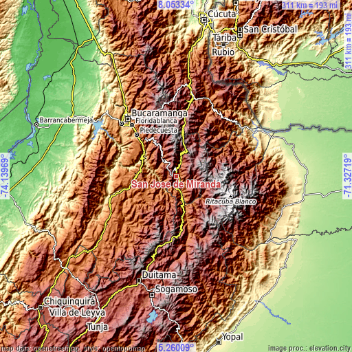 Topographic map of San José de Miranda