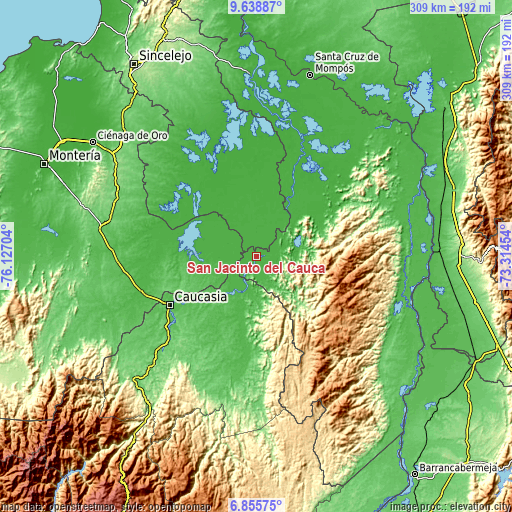 Topographic map of San Jacinto del Cauca