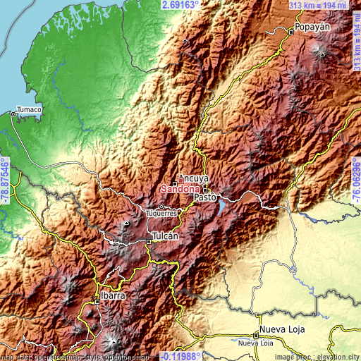 Topographic map of Sandoná