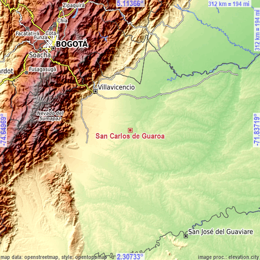 Topographic map of San Carlos de Guaroa