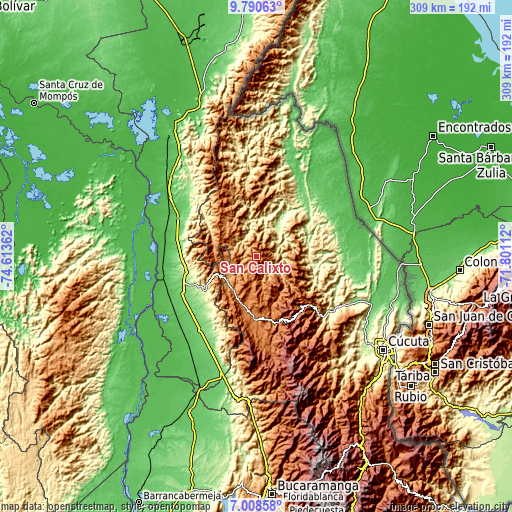 Topographic map of San Calixto