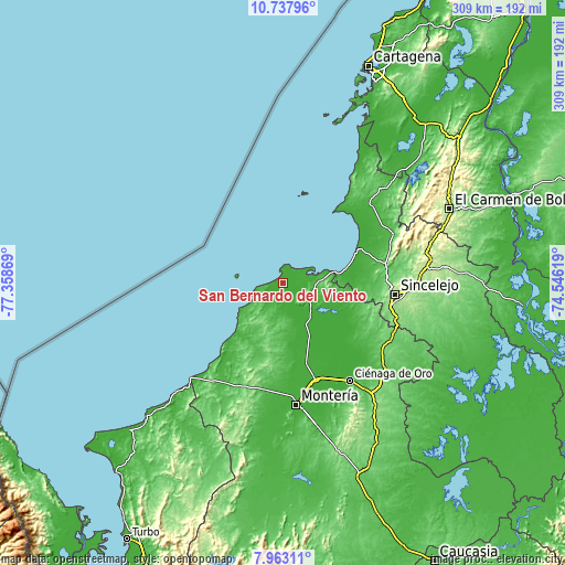 Topographic map of San Bernardo del Viento