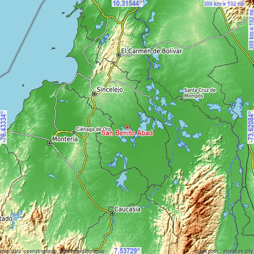 Topographic map of San Benito Abad