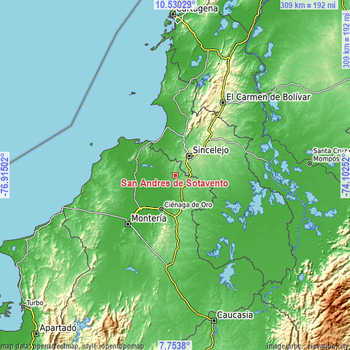 Topographic map of San Andrés de Sotavento