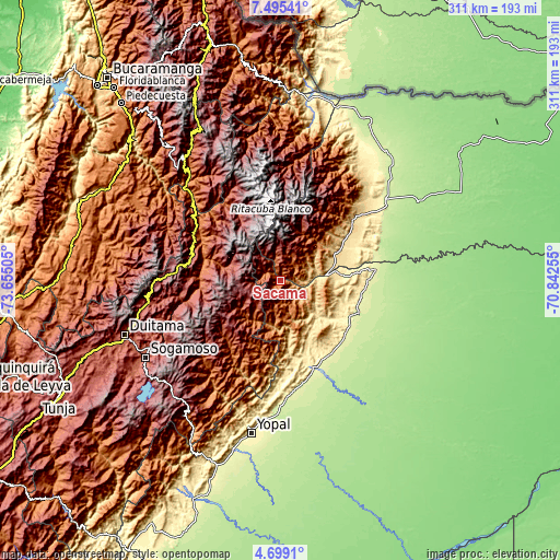 Topographic map of Sácama