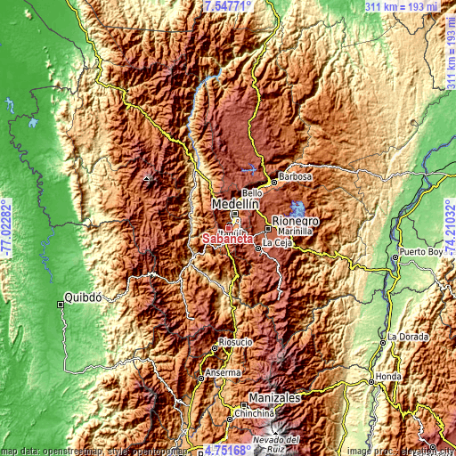 Topographic map of Sabaneta
