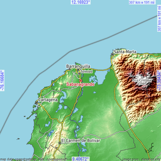 Topographic map of Sabanagrande