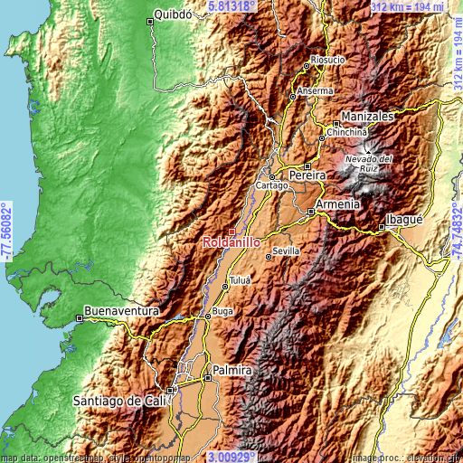 Topographic map of Roldanillo