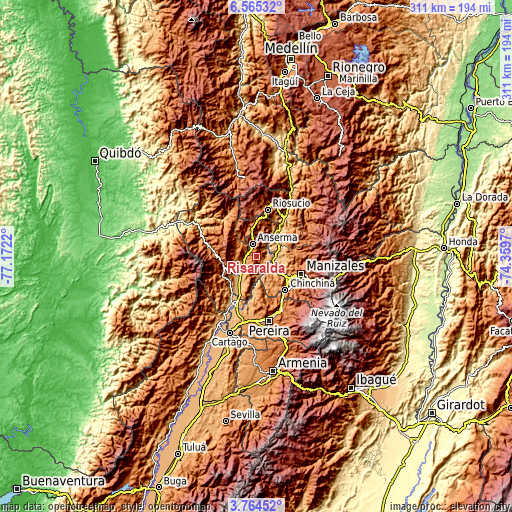 Topographic map of Risaralda