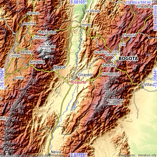 Topographic map of Ricaurte