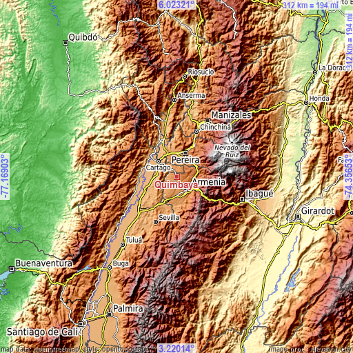 Topographic map of Quimbaya