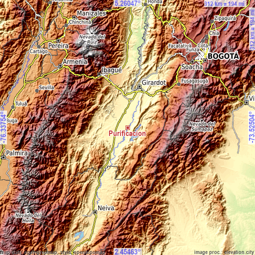 Topographic map of Purificación