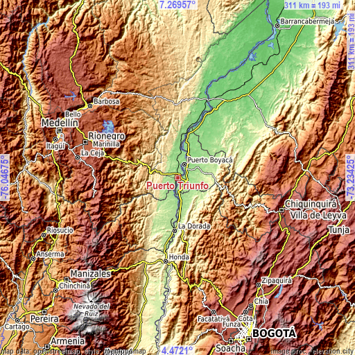 Topographic map of Puerto Triunfo