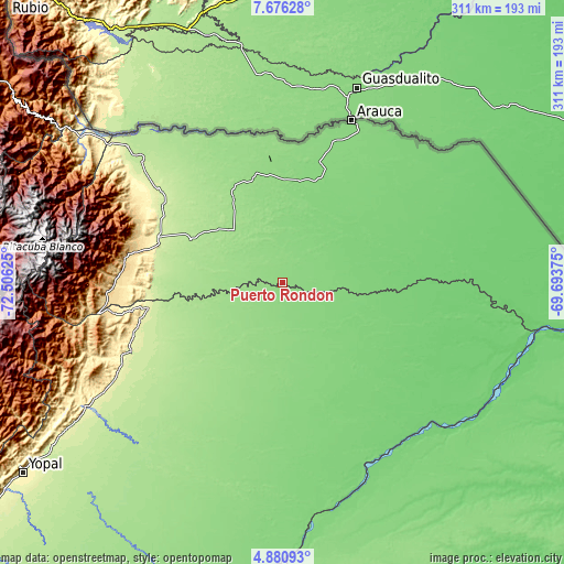 Topographic map of Puerto Rondón