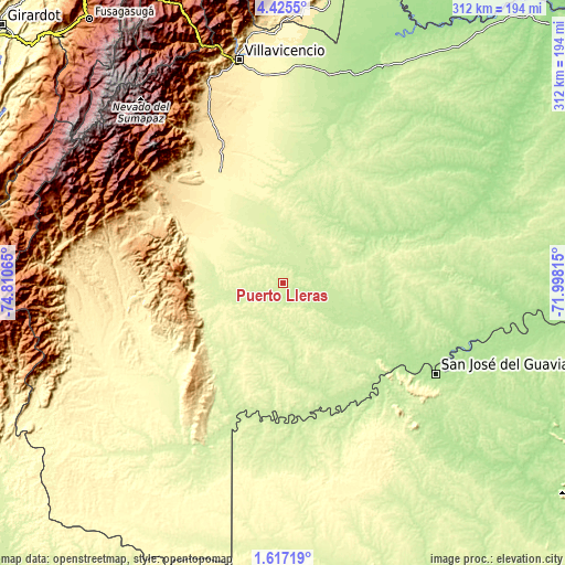 Topographic map of Puerto Lleras