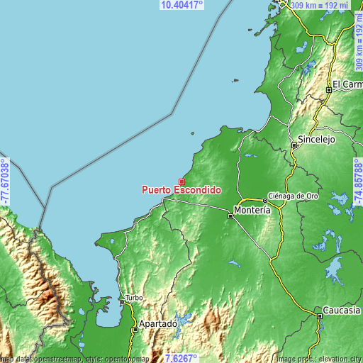 Topographic map of Puerto Escondido