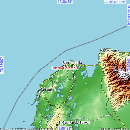 Topographic map of Puerto Colombia