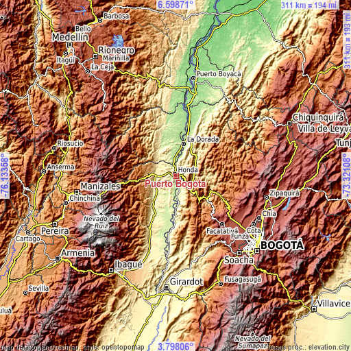 Topographic map of Puerto Bogotá