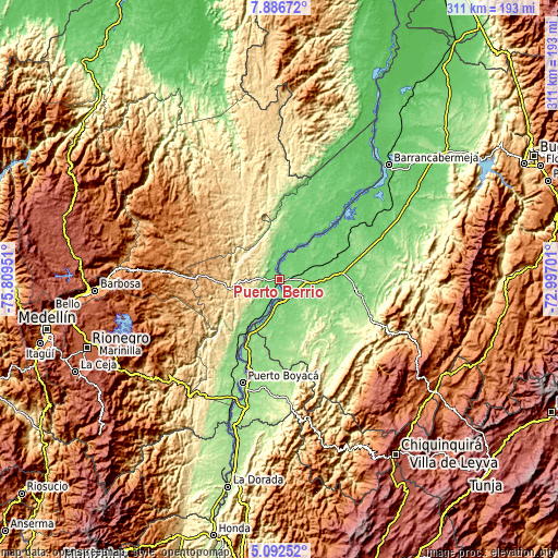 Topographic map of Puerto Berrío