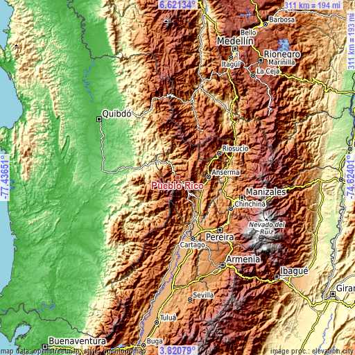 Topographic map of Pueblo Rico