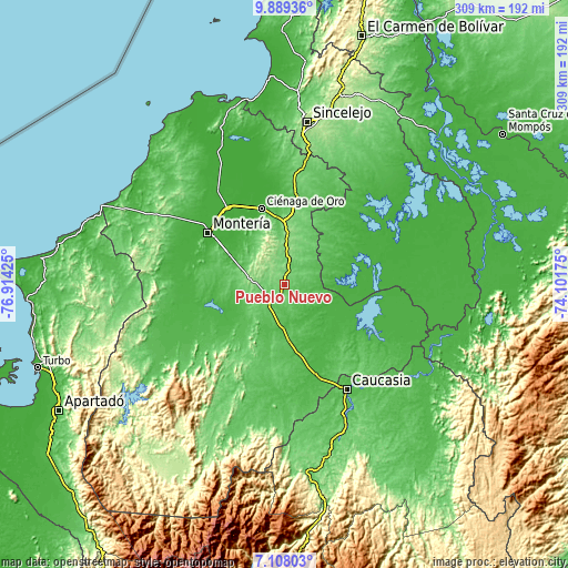 Topographic map of Pueblo Nuevo