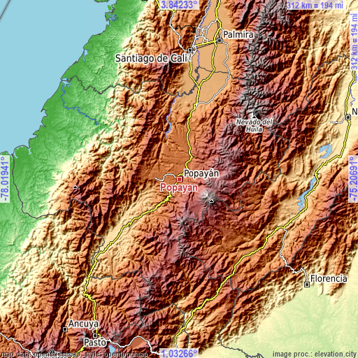 Topographic map of Popayán