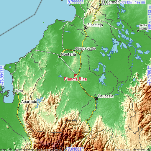 Topographic map of Planeta Rica