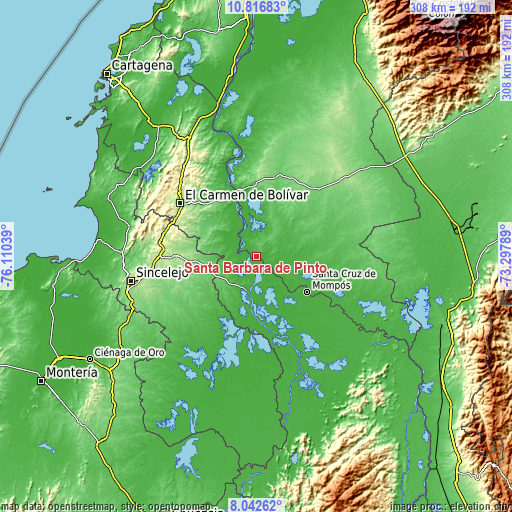 Topographic map of Santa Bárbara de Pinto