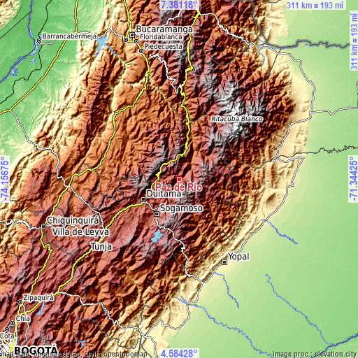 Topographic map of Paz de Río