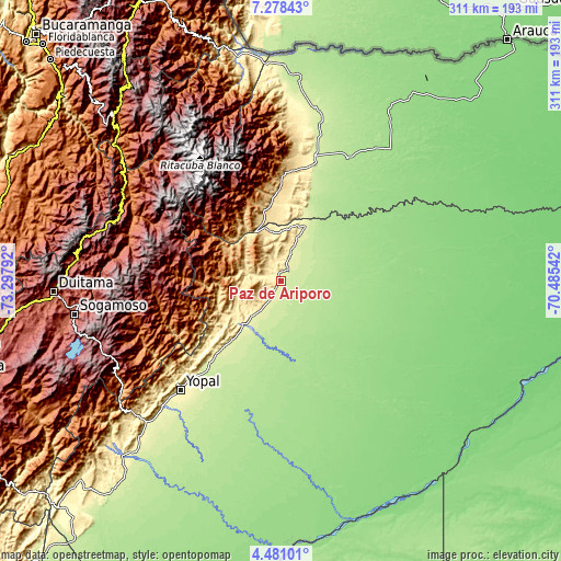 Topographic map of Paz de Ariporo