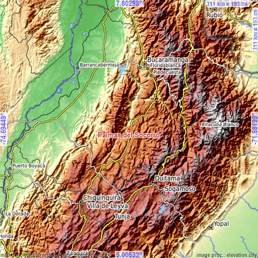Topographic map of Palmas del Socorro