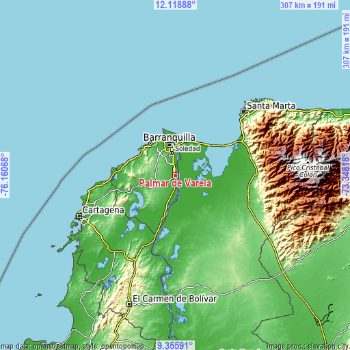 Topographic map of Palmar de Varela
