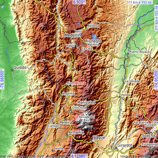 Topographic map of Pácora