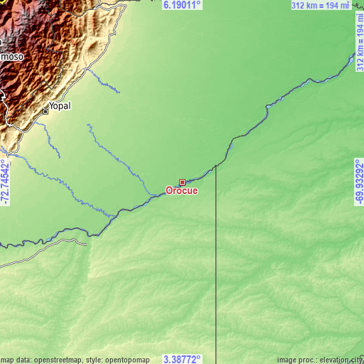 Topographic map of Orocué