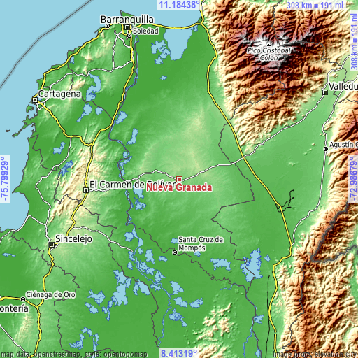 Topographic map of Nueva Granada