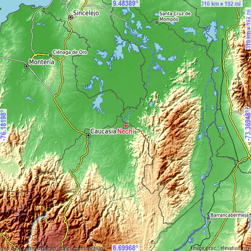 Topographic map of Nechí