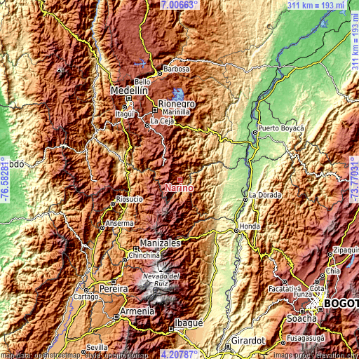 Topographic map of Nariño