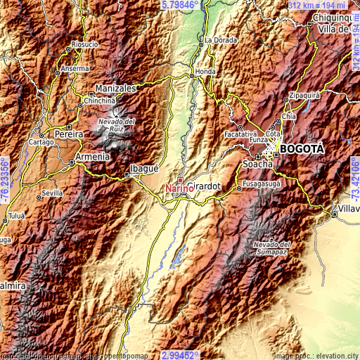 Topographic map of Nariño