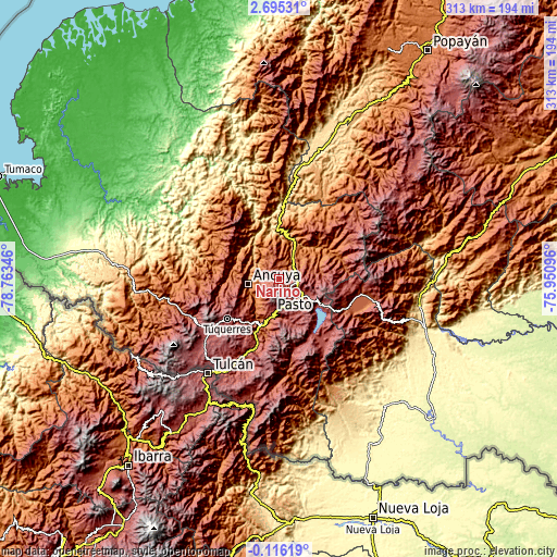 Topographic map of Nariño