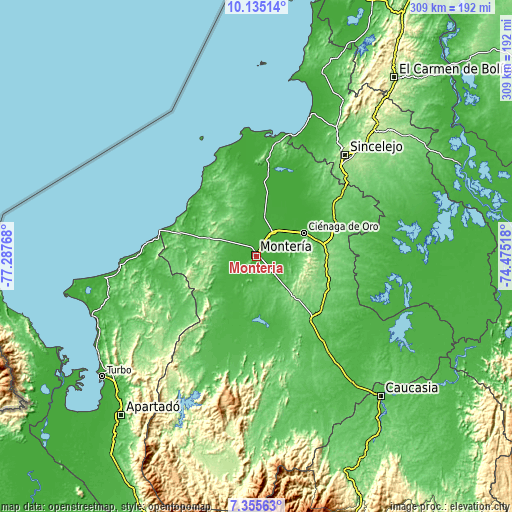 Topographic map of Montería