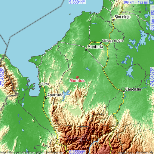 Topographic map of Moñitos