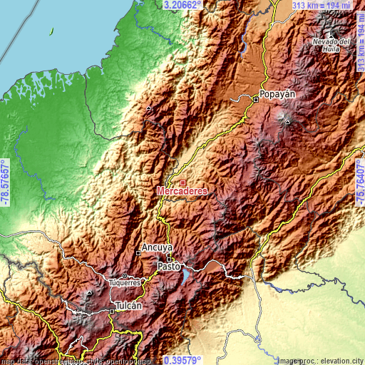 Topographic map of Mercaderes