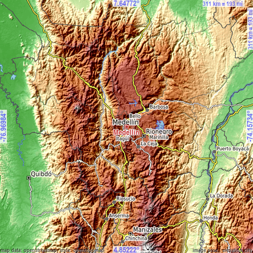 Topographic map of Medellín
