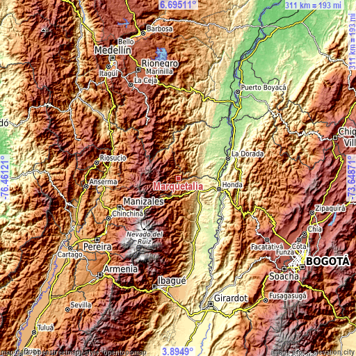 Topographic map of Marquetalia