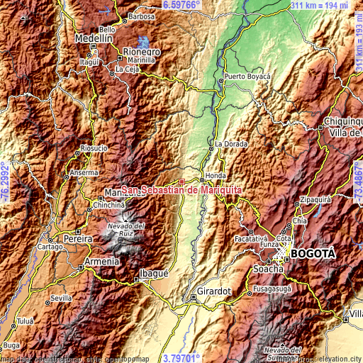 Topographic map of San Sebastián de Mariquita