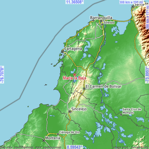 Topographic map of María la Baja