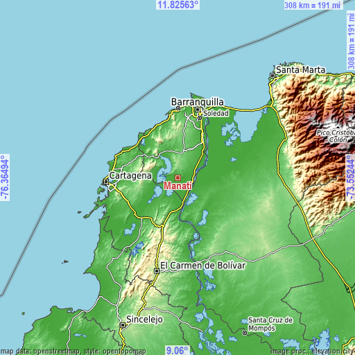 Topographic map of Manatí